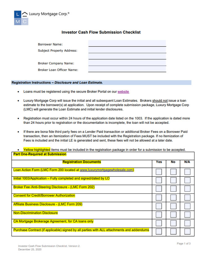 Investor Cash Flow Submission Checklist