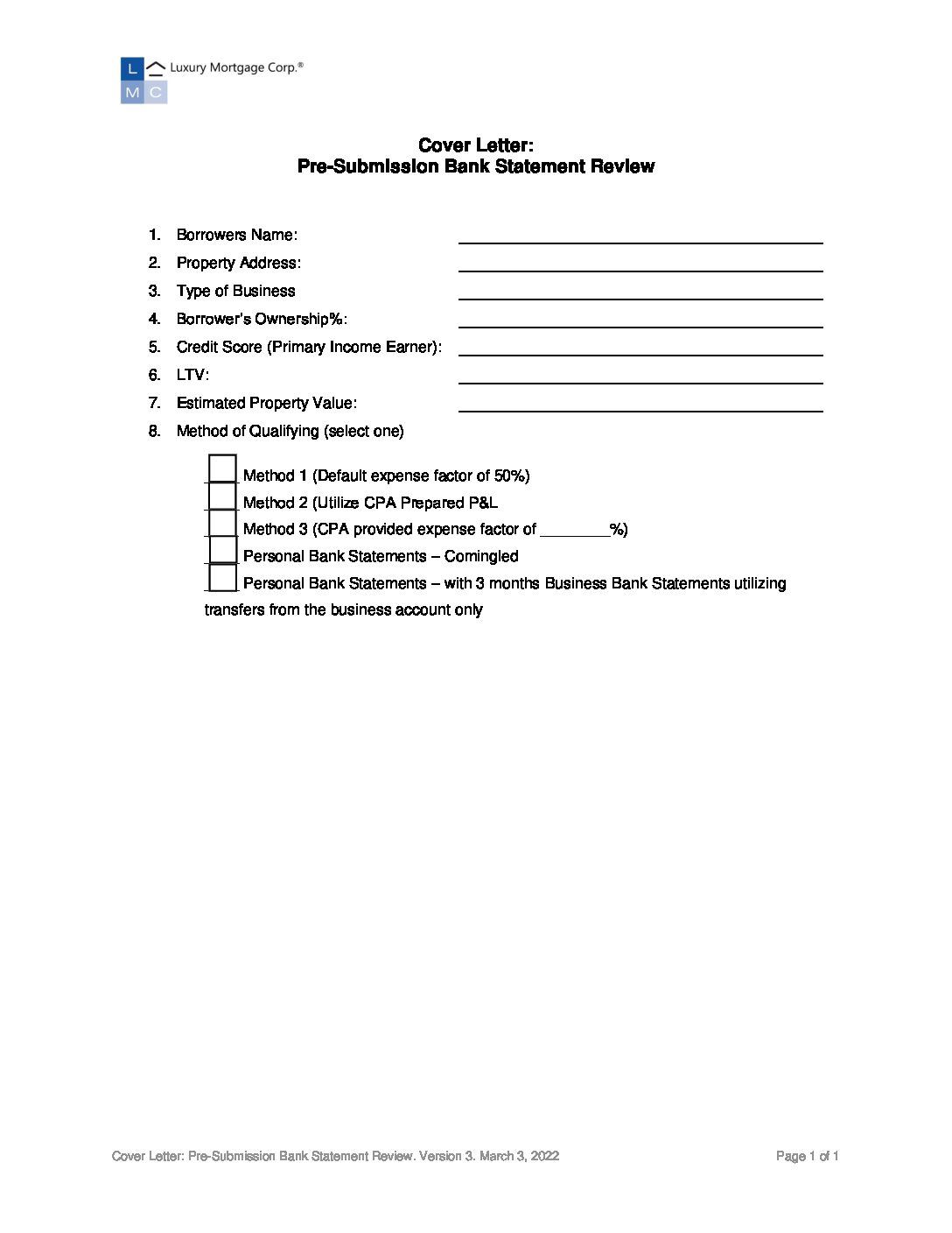 Cover Letter Pre-Submission Bank Statement Review