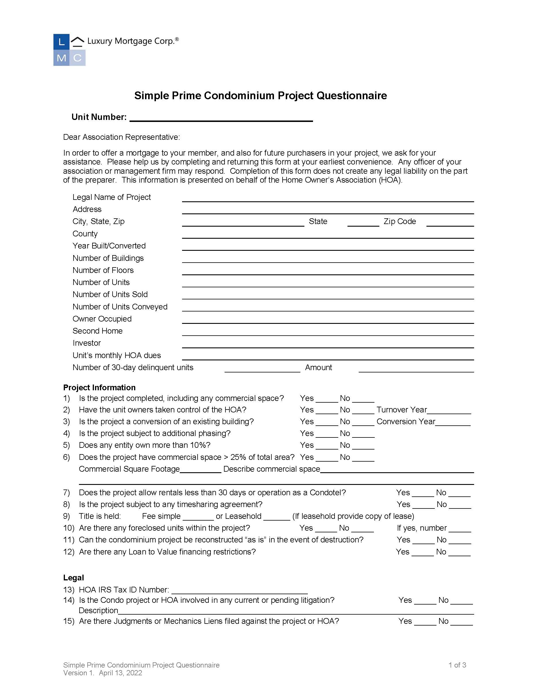 Simple Prime Condominium Project Questionnaire