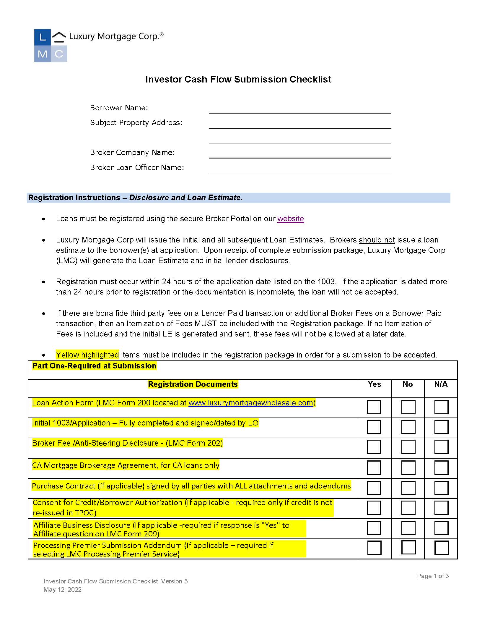 Investor Cash Flow Submission Checklist V.5