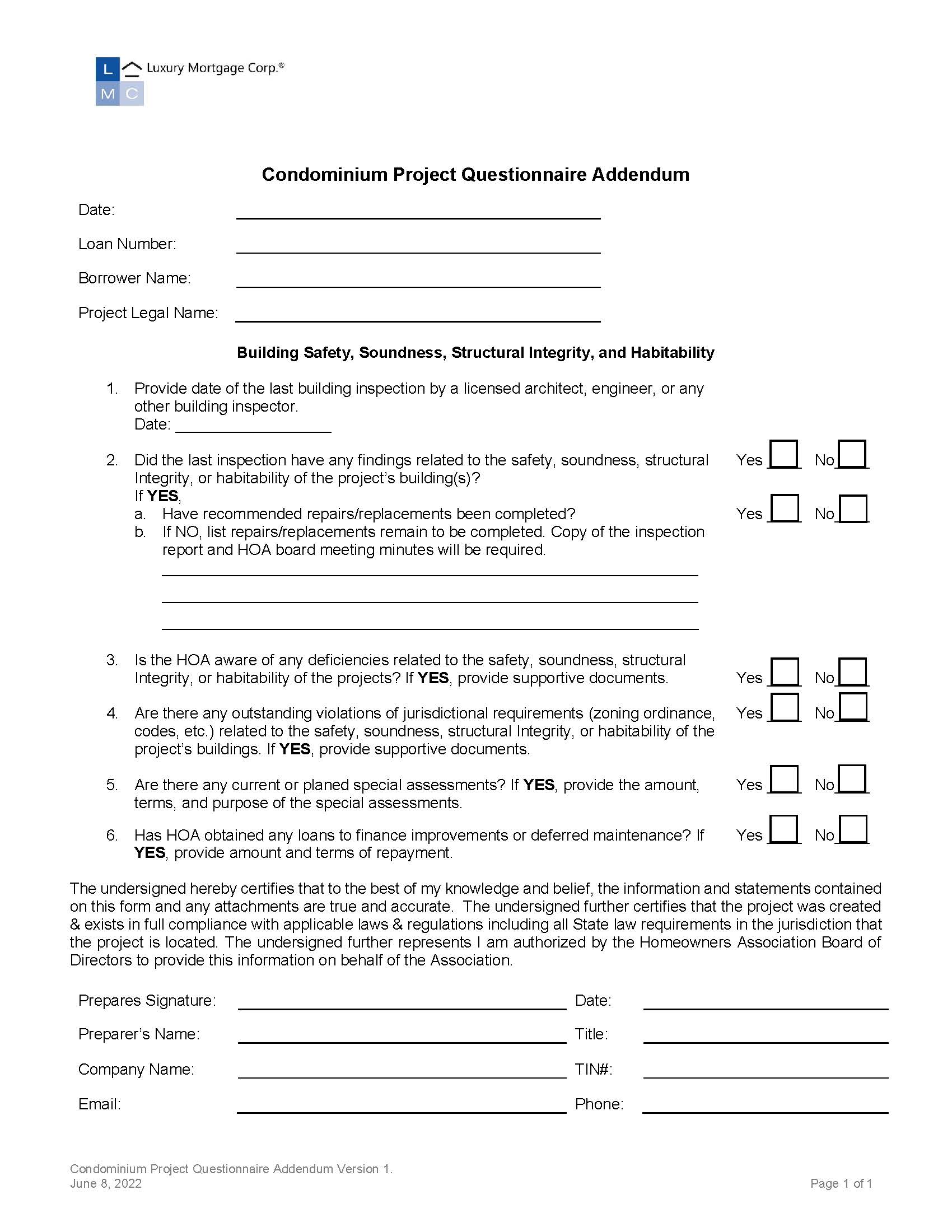 Condominium Project Questionnaire Addendum