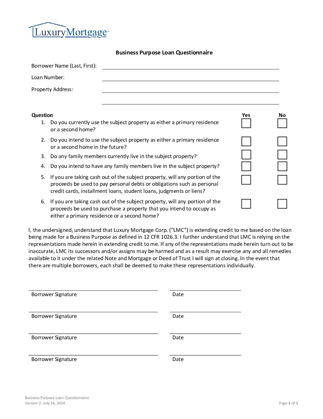 Business Purpose Loan Questionnaire Screenshot