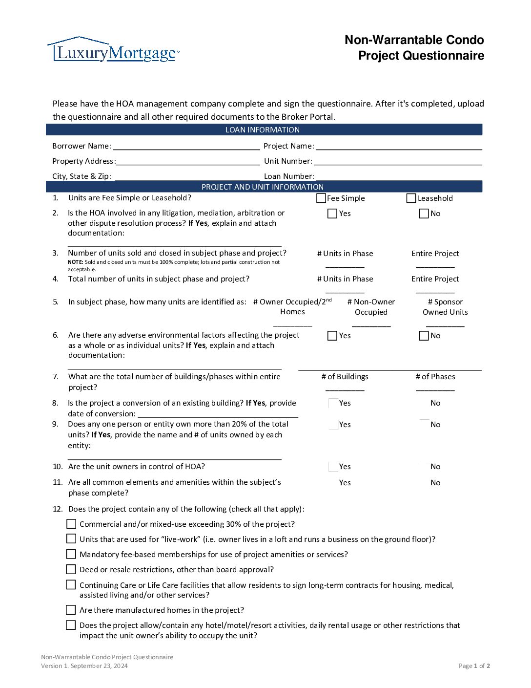 Business Purpose Loan Questionnaire Screenshot