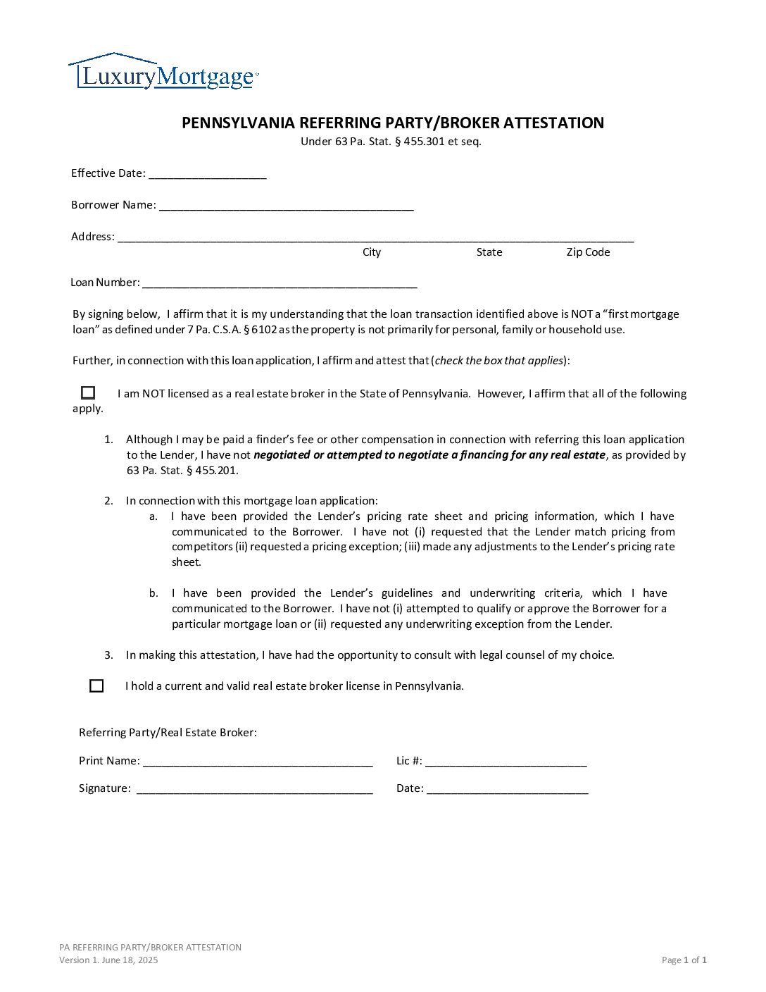 Business Purpose Loan Questionnaire Screenshot